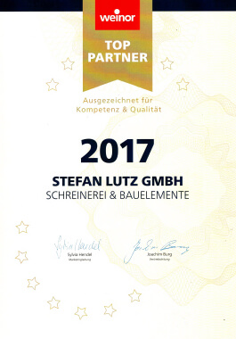 Urkunde weinor Top-Partner 2017