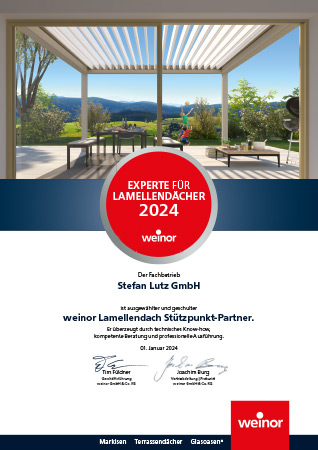 Urkunde weinor Experte für Lamellendächer 2024