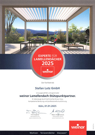 Urkunde weinor Experte für Lamellendächer 2025
