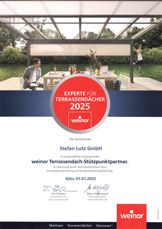 Urkunde weinor Experte für Terrassendächer 2025