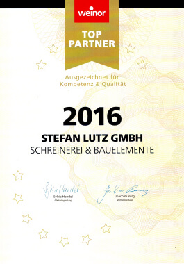 Urkunde weinor Top-Partner 2016