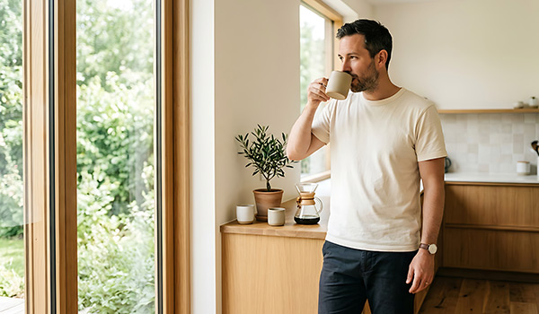 Bodentiefe Fenster in einer Küche. Ein Mann steht entspannt mit Tasse Kaffee am Fenster